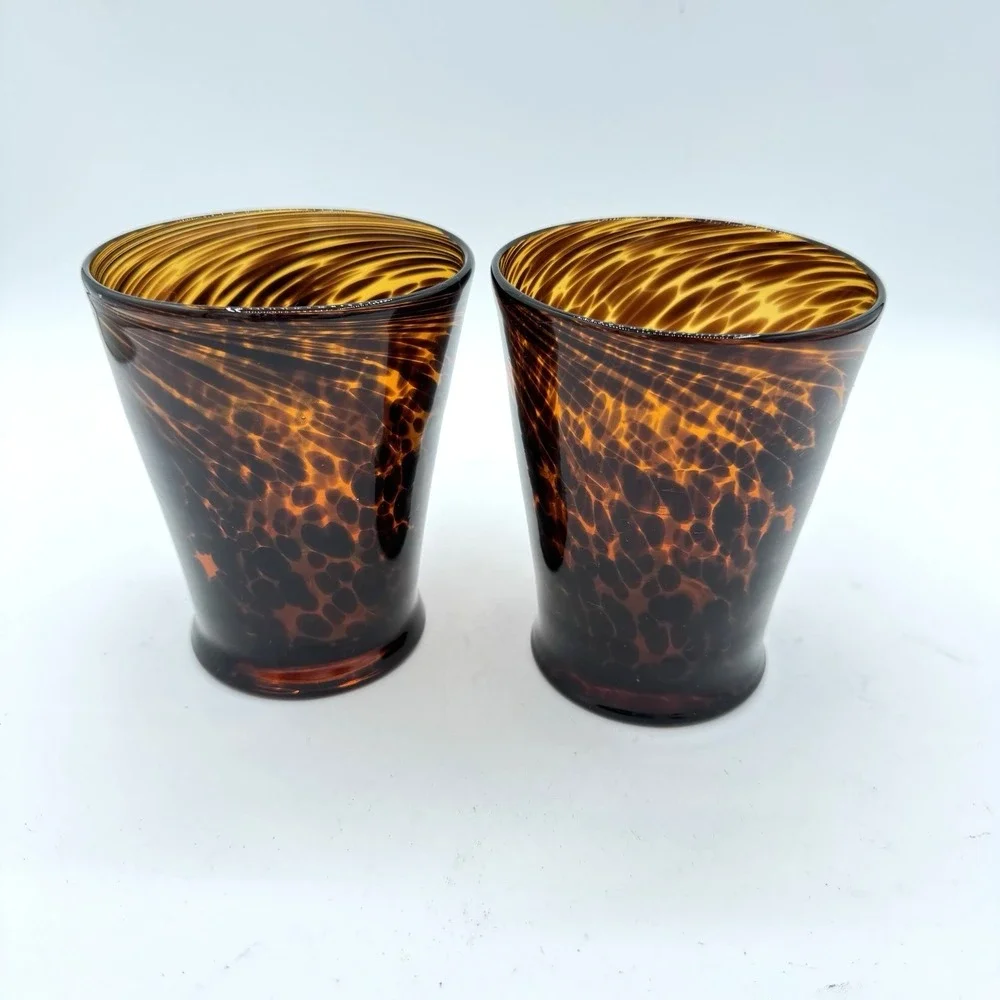 Tortoise Shell Glass Tumblers Set of 2 Hand Blown Heavy Vintage Barware Art